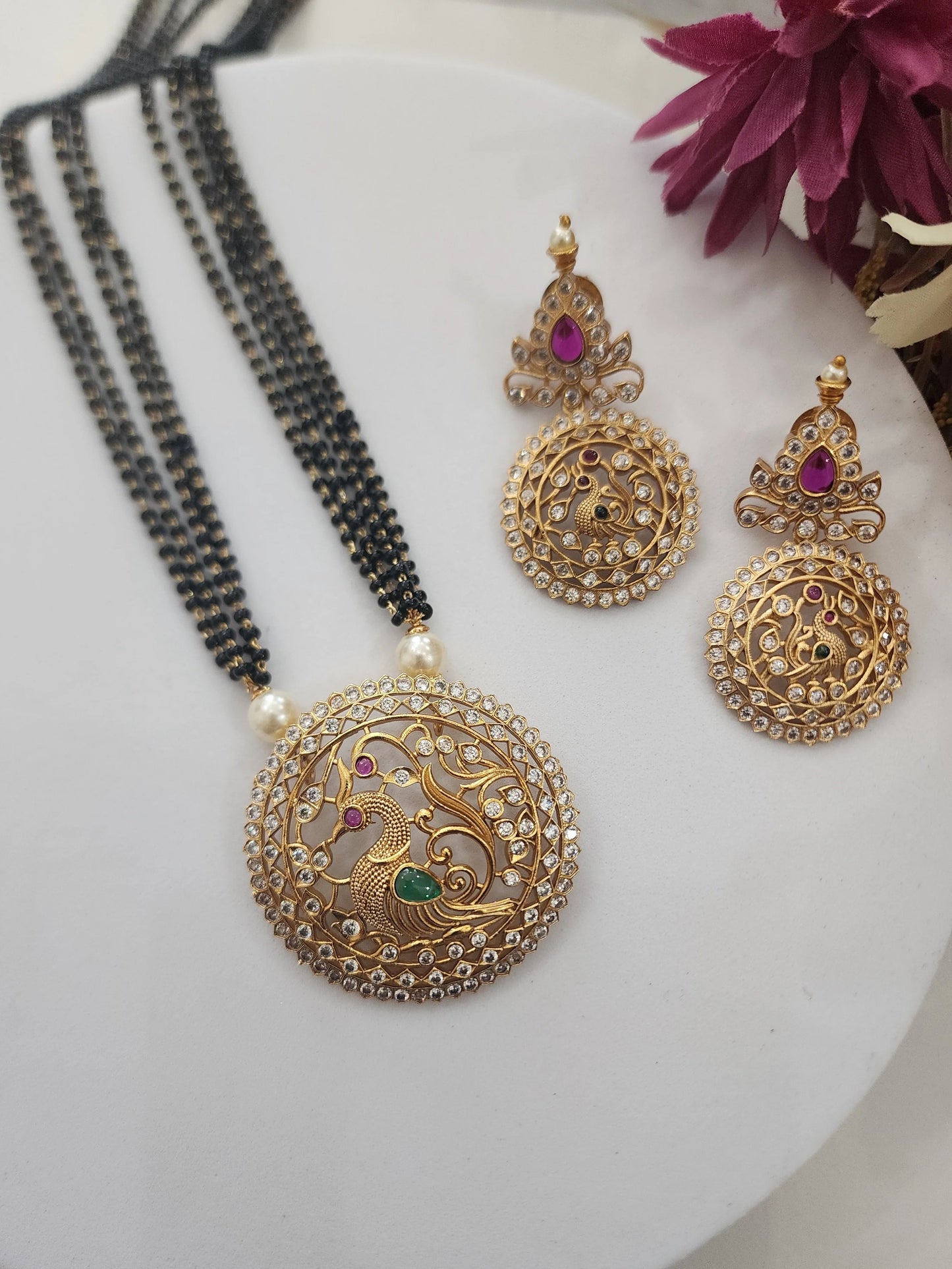 Bhuvi Gold plated black bead necklace set