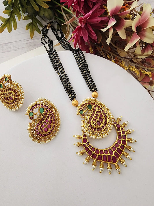 Bhuvi Gold plated black bead necklace set