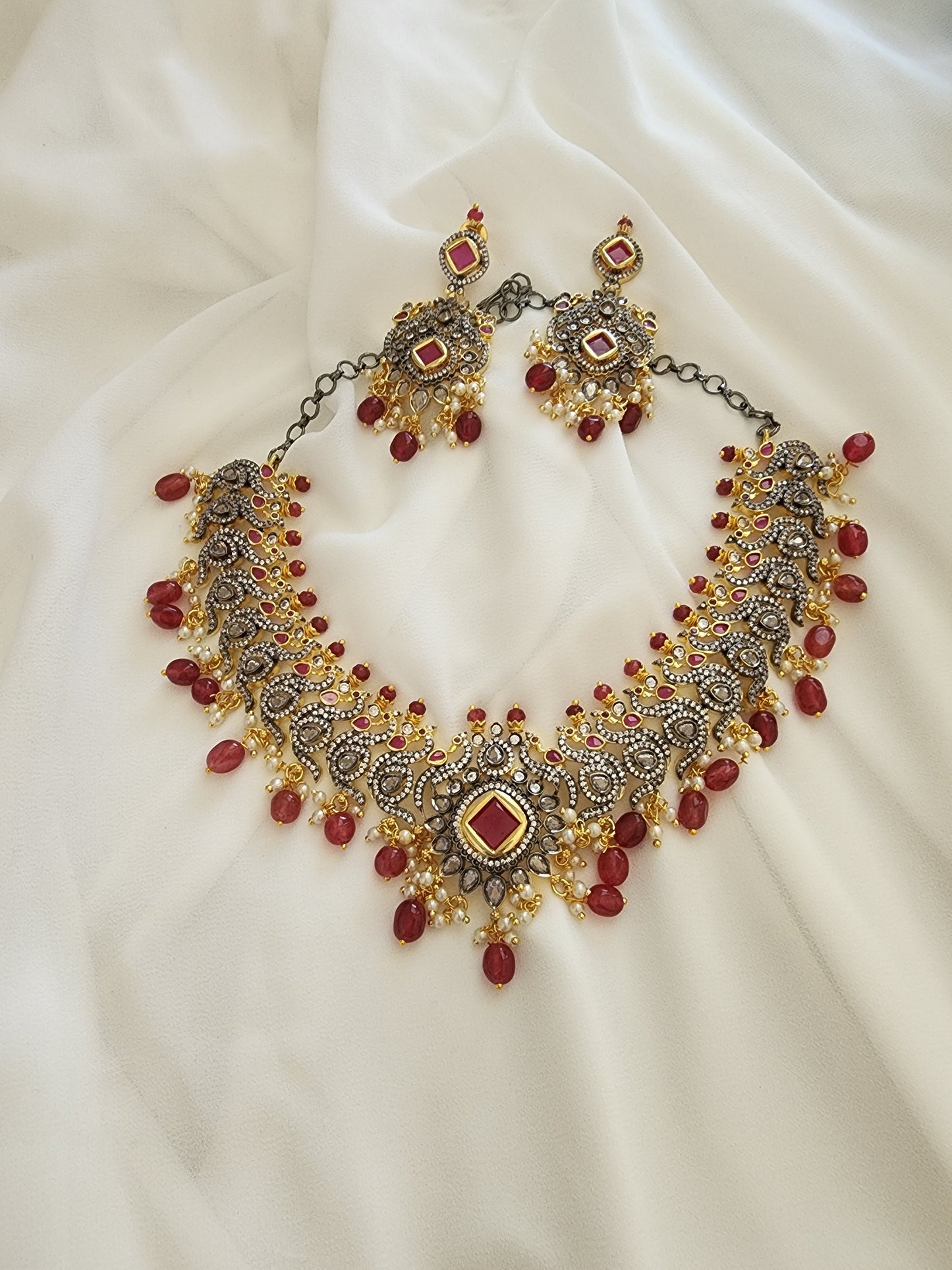 Victorian polki two tone necklace with earrings