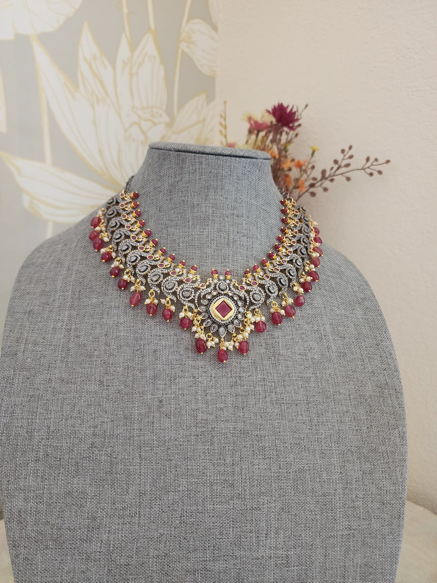 Victorian polki two tone necklace with earrings