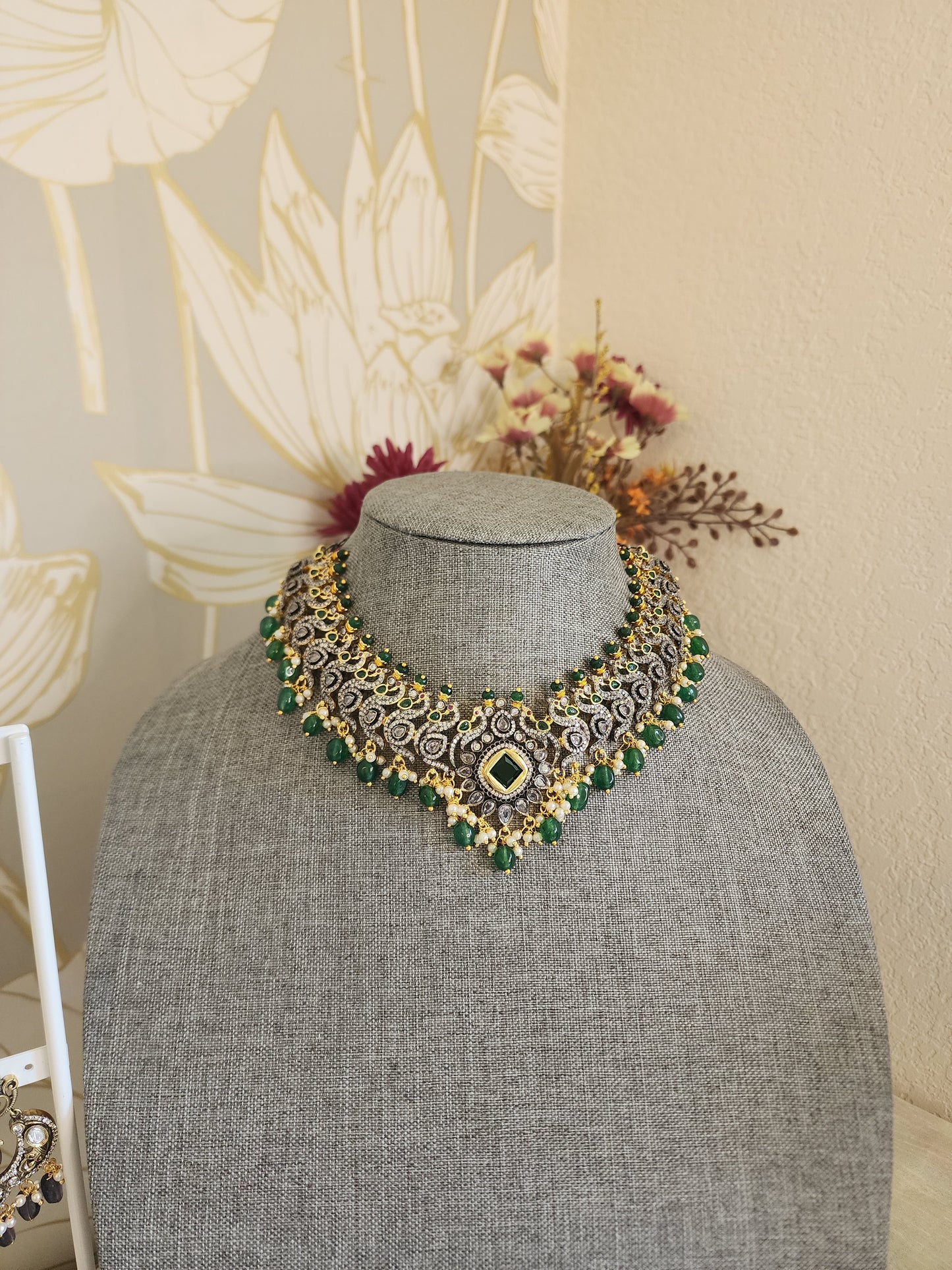 Victorian polki two tone necklace with earrings