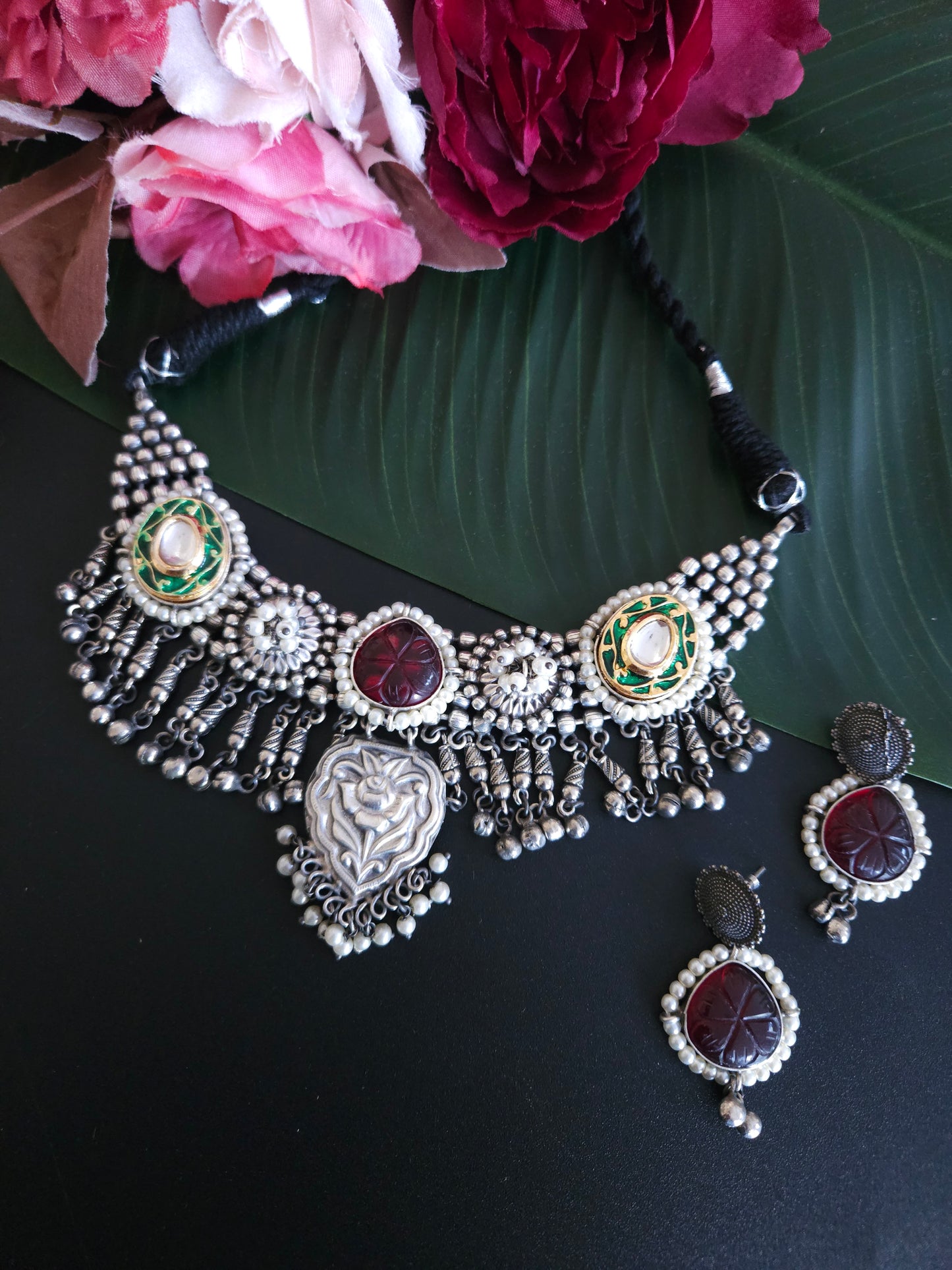 Adithi 925 silver polish fusion necklace set