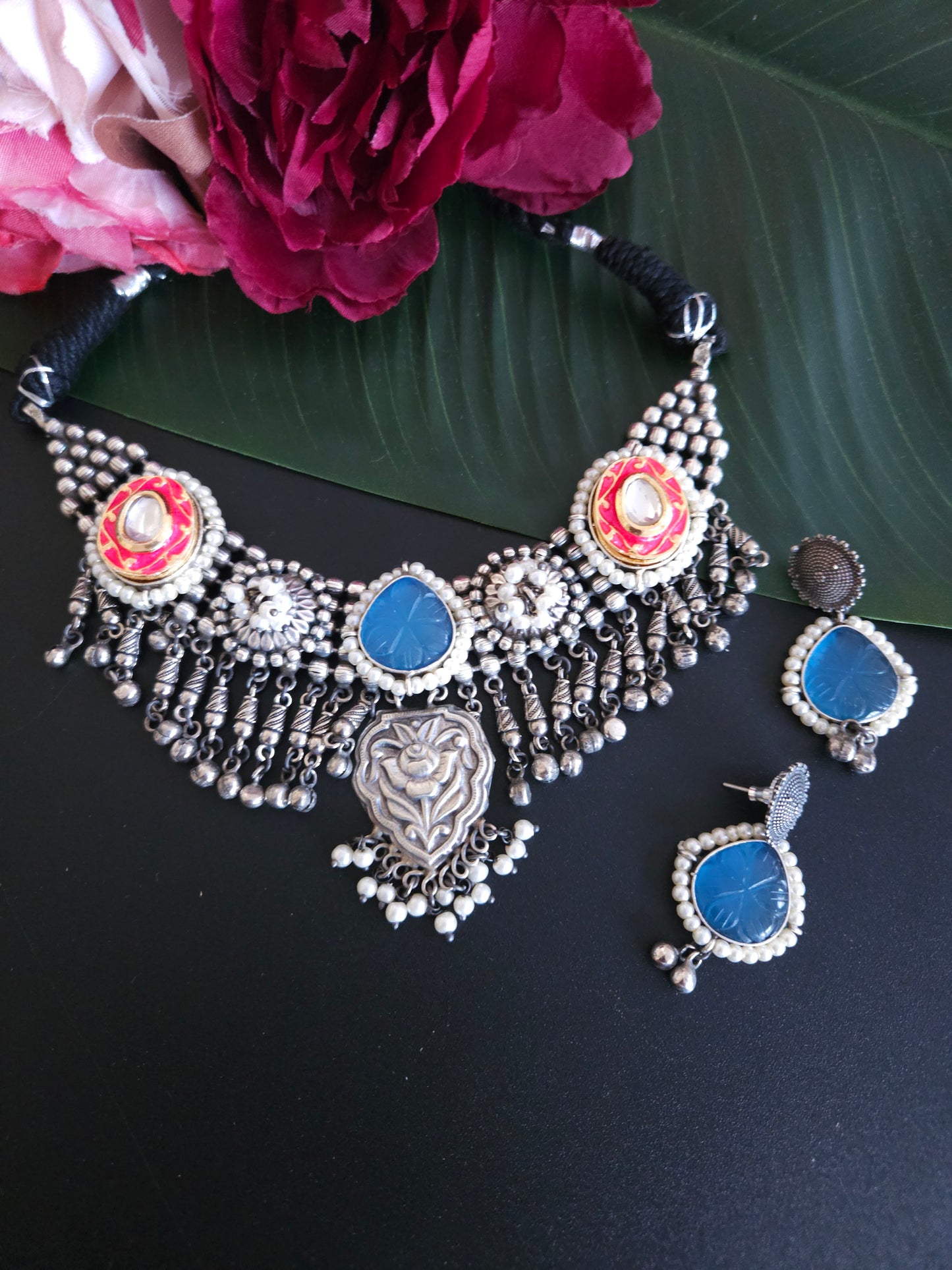 Adithi 925 silver polish fusion necklace set