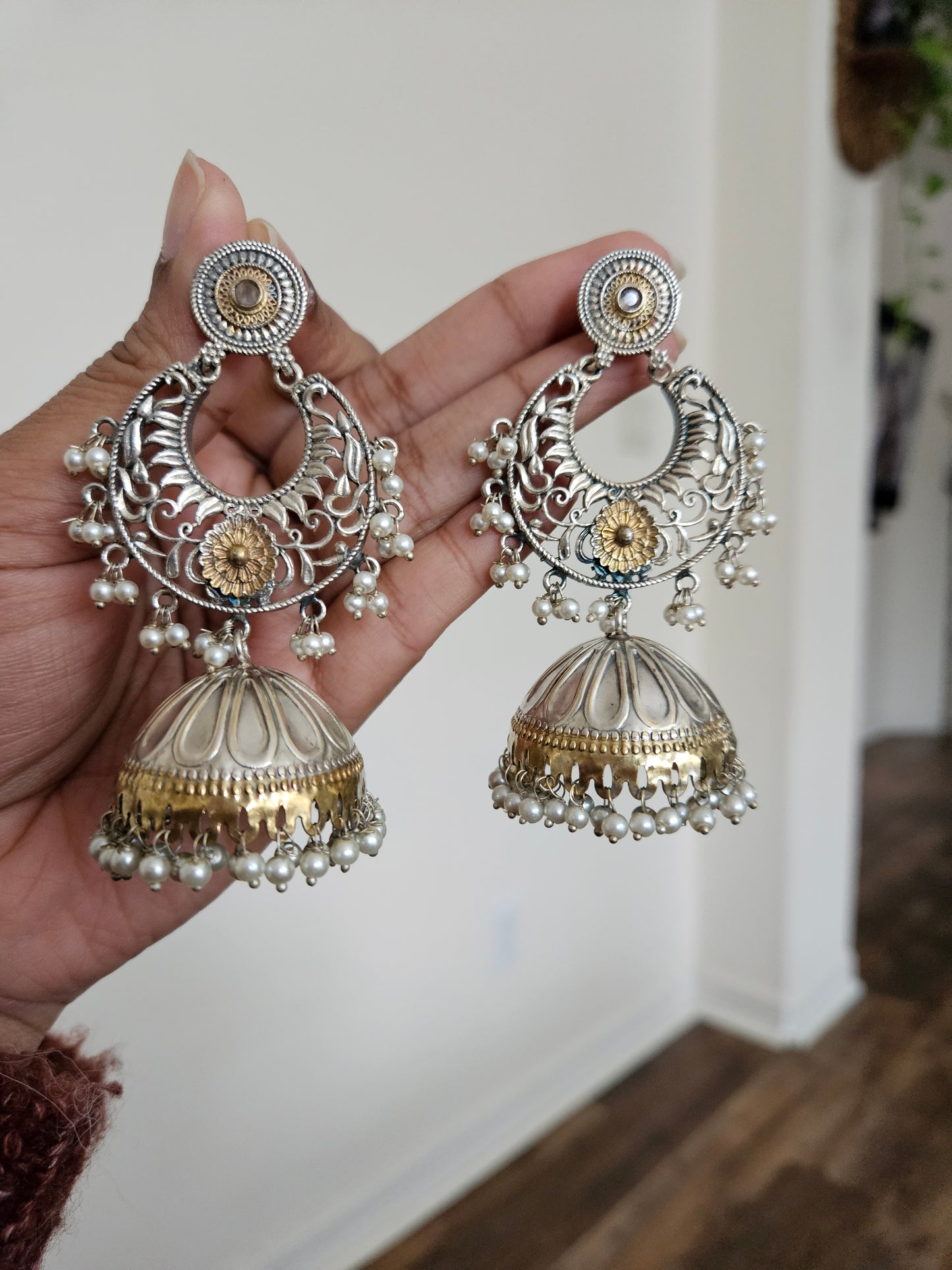 Ahana dualtone silver alike jhumka earrings