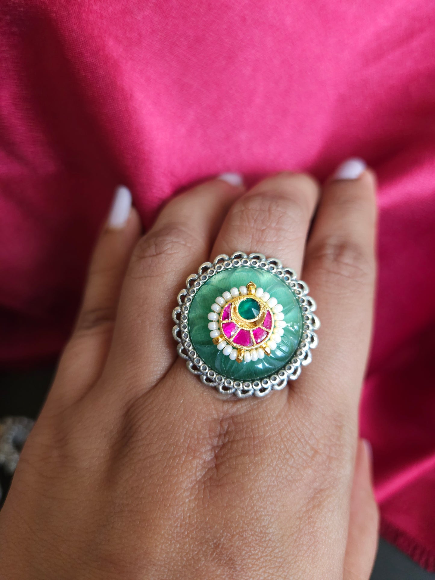 Pachi kundan fusion silveralike adjustable ring