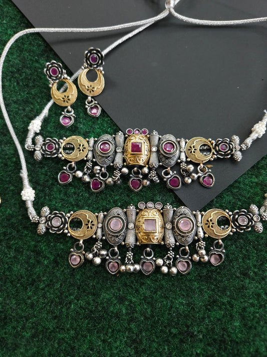 Dualtone Silver alike choker necklace set