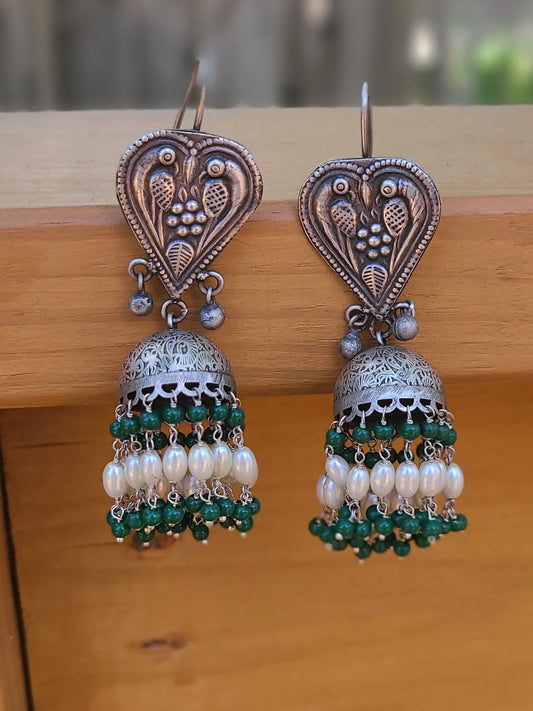 Long pearl jhumkas silver alike jhumkas green jhumkas beaded jhumkas earrings