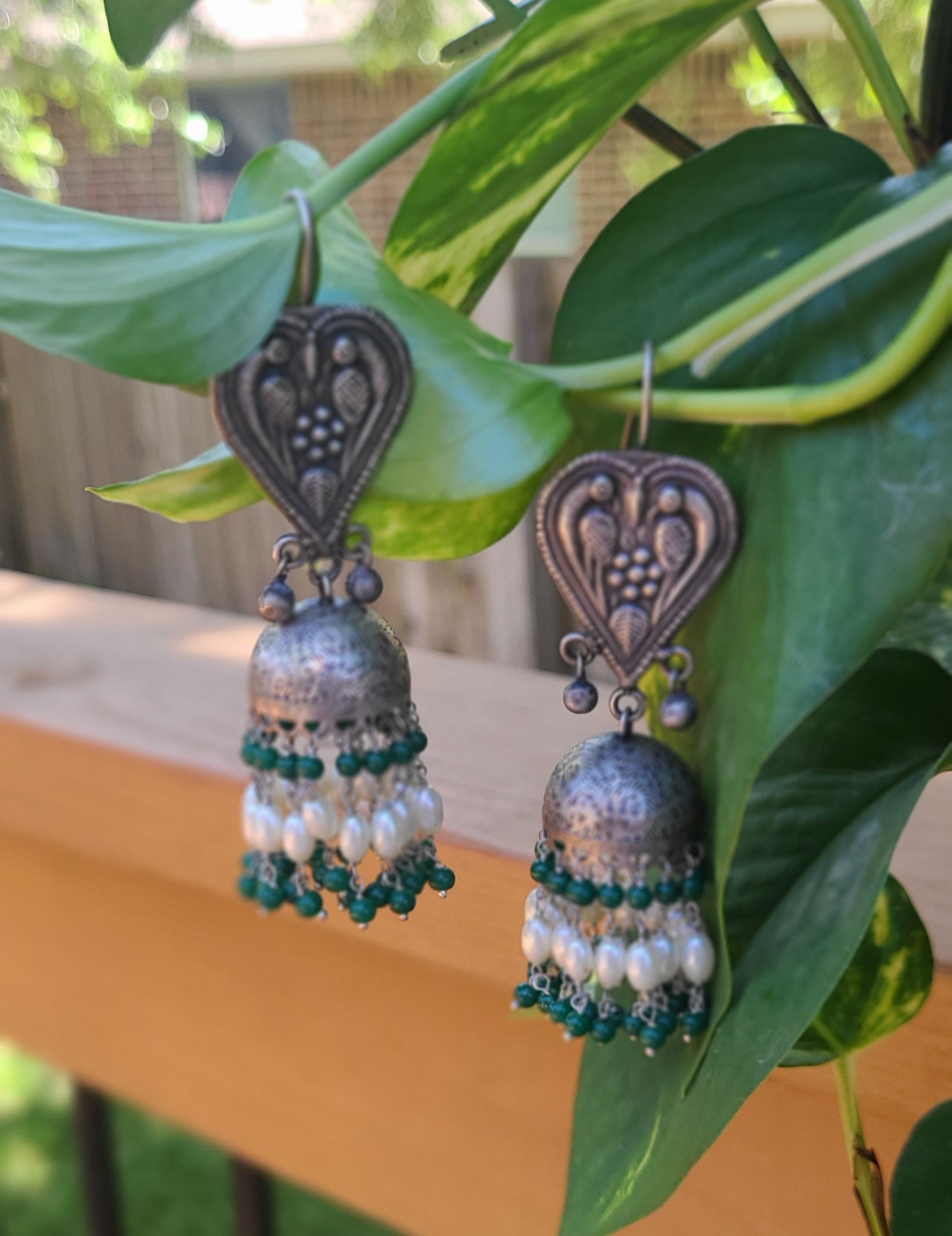 Long pearl jhumkas silver alike jhumkas green jhumkas beaded jhumkas earrings