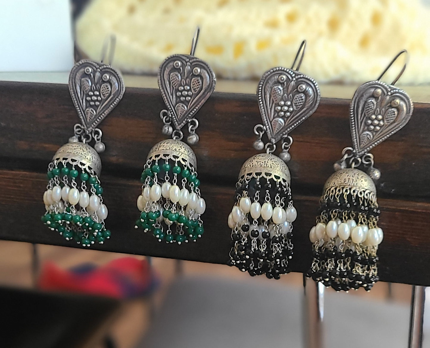 Long pearl jhumkas silver alike jhumkas green jhumkas beaded jhumkas earrings