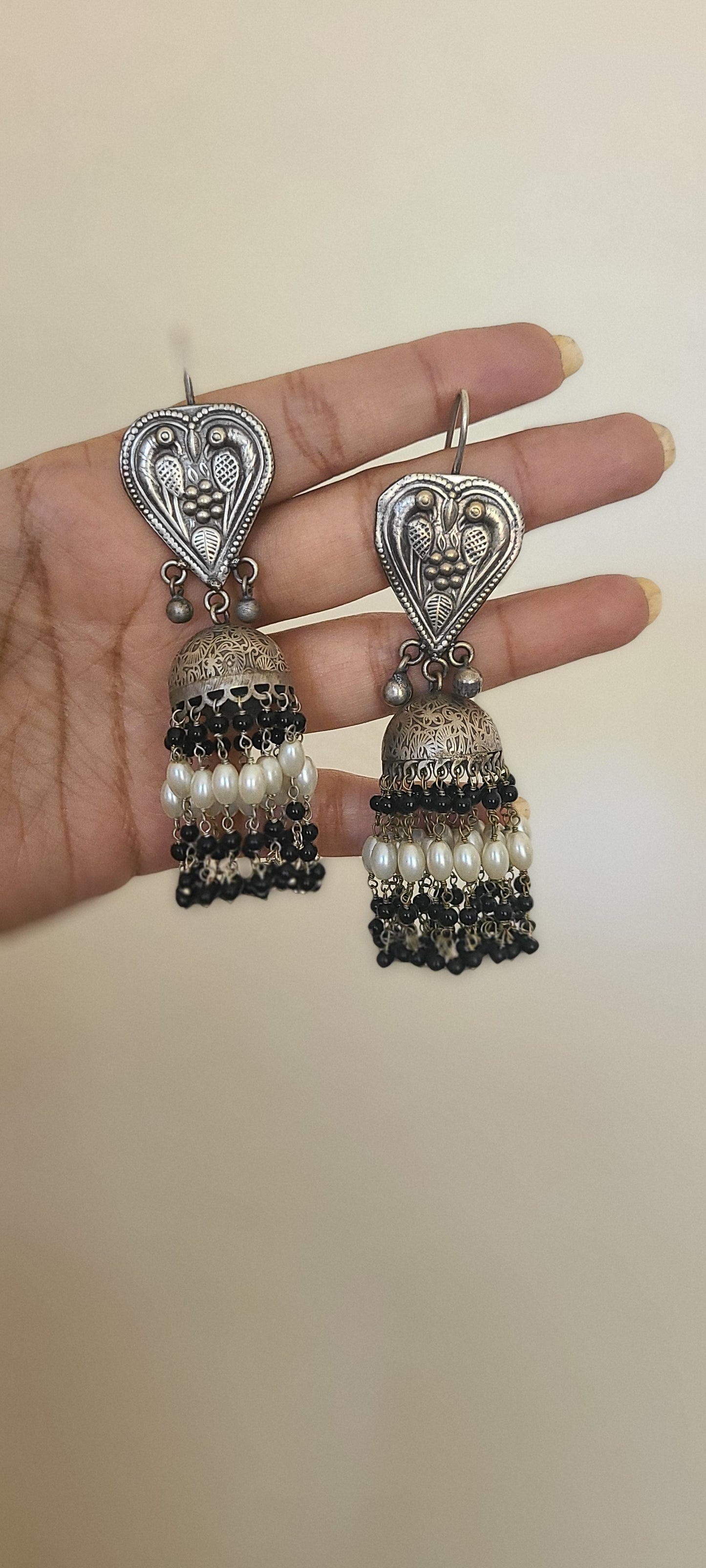 Long pearl jhumkas silver alike jhumkas green jhumkas beaded jhumkas earrings