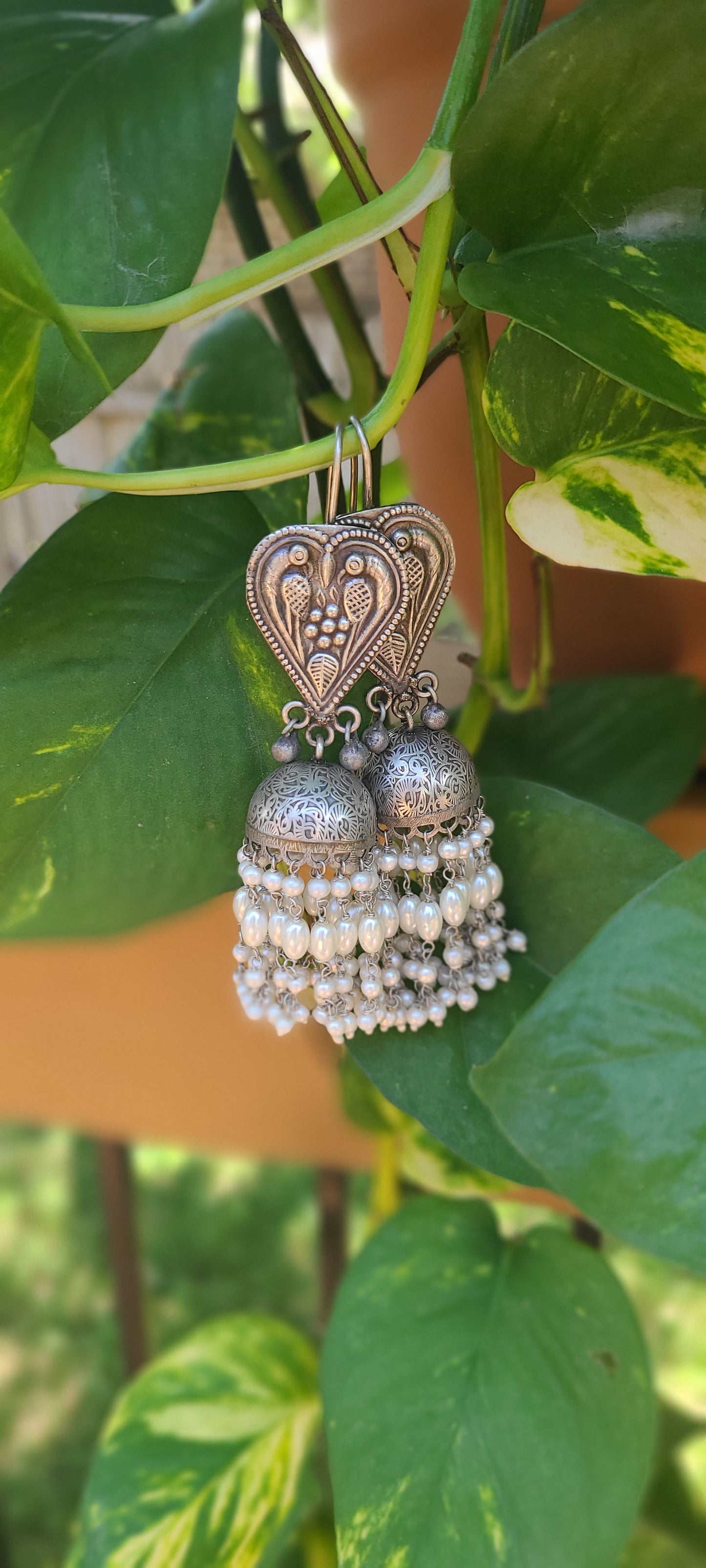 Long pearl jhumkas silver alike jhumkas green jhumkas beaded jhumkas earrings