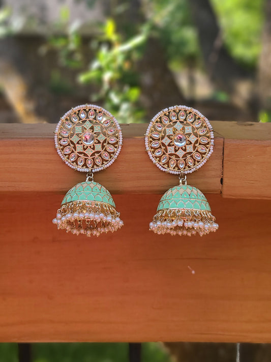 Floral Hand Painted Meenakari peacock Jhumka pearl drop Earrings green Jhumka earrings