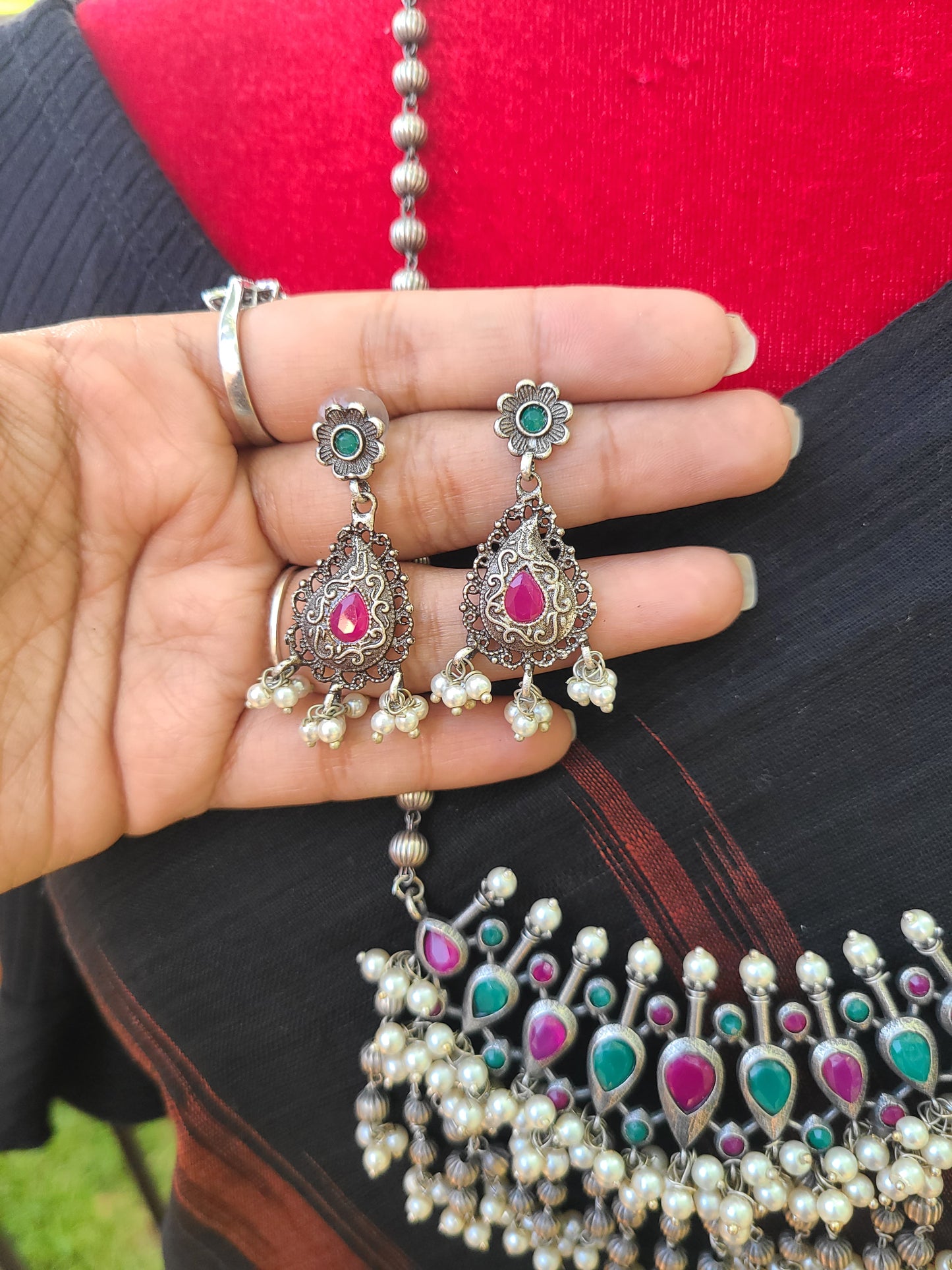 Antique Indian Traditional Silver look alike Necklace and Earrings, Pendant Necklace Fusion Necklace Indian jewelry Dual tone silver alike necklace