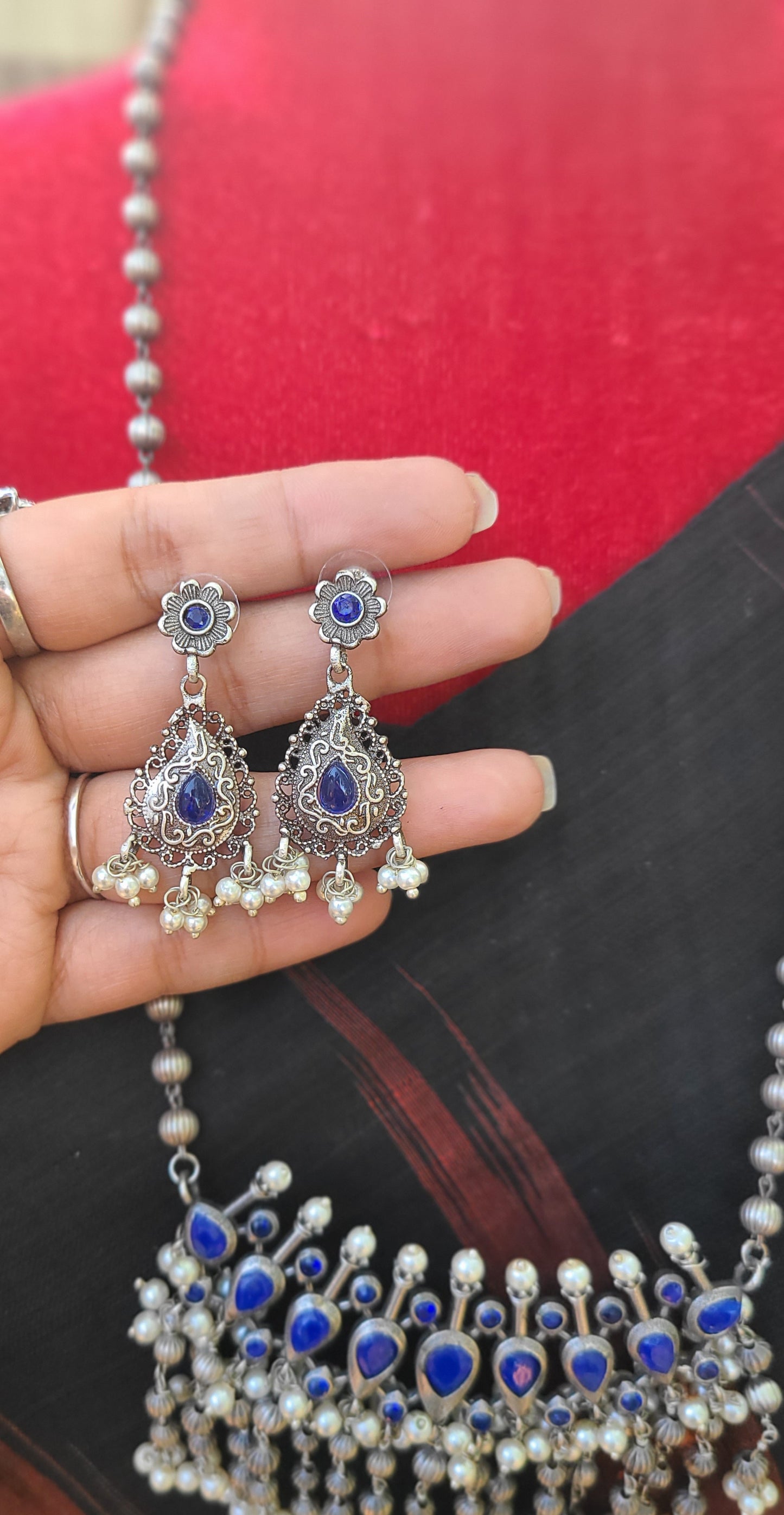 Antique Indian Traditional Silver look alike Necklace and Earrings, Pendant Necklace Fusion Necklace Indian jewelry Dual tone silver alike necklace