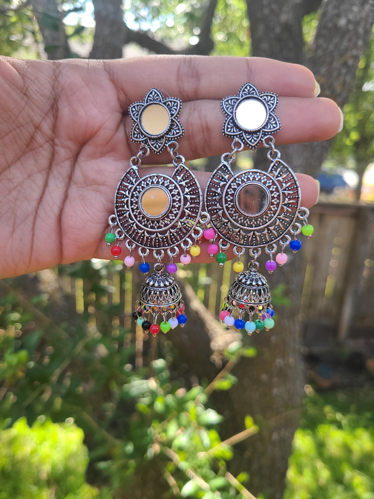 Mirror silver tone jhumkas