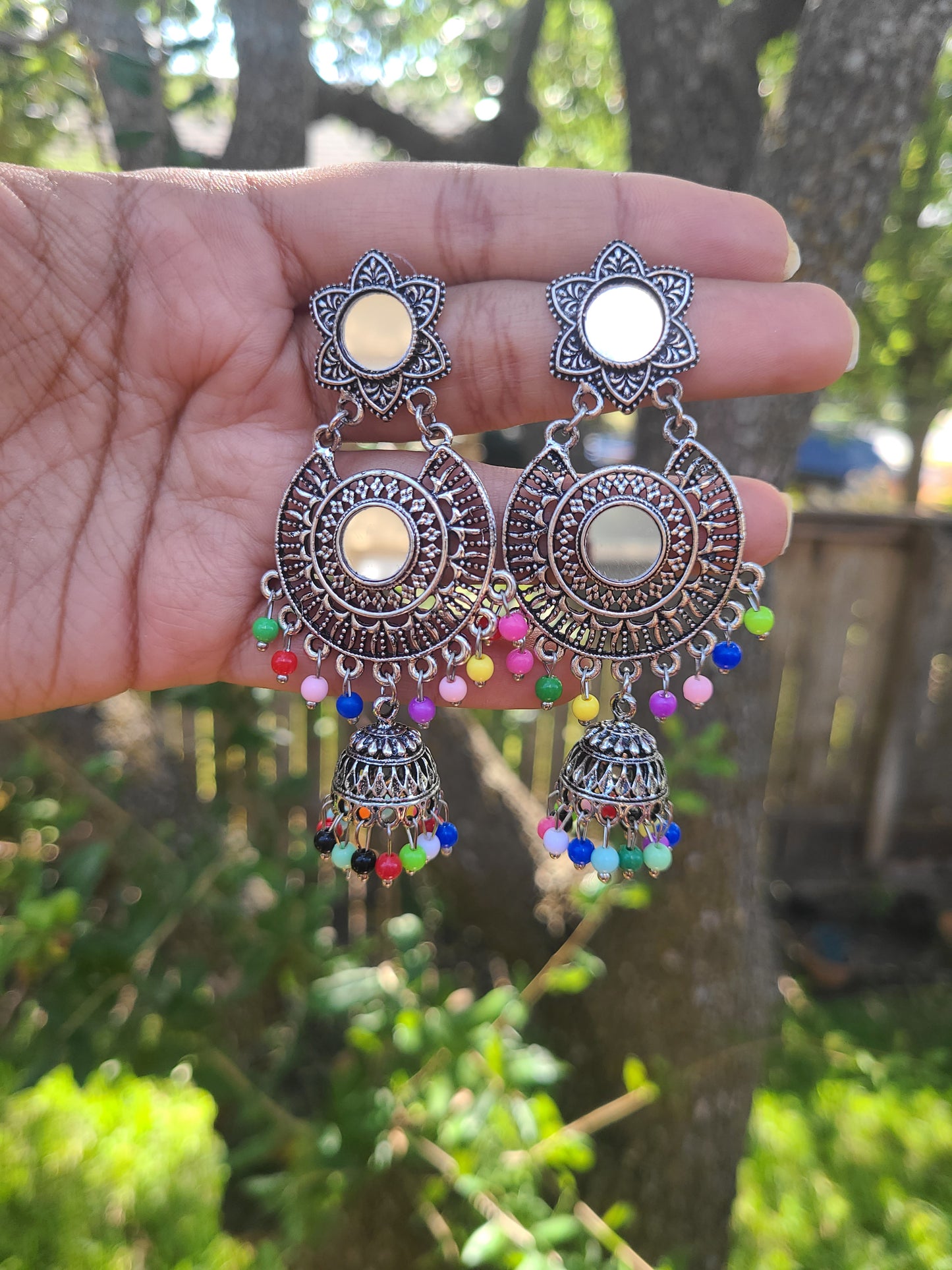 Mirror silver tone jhumkas