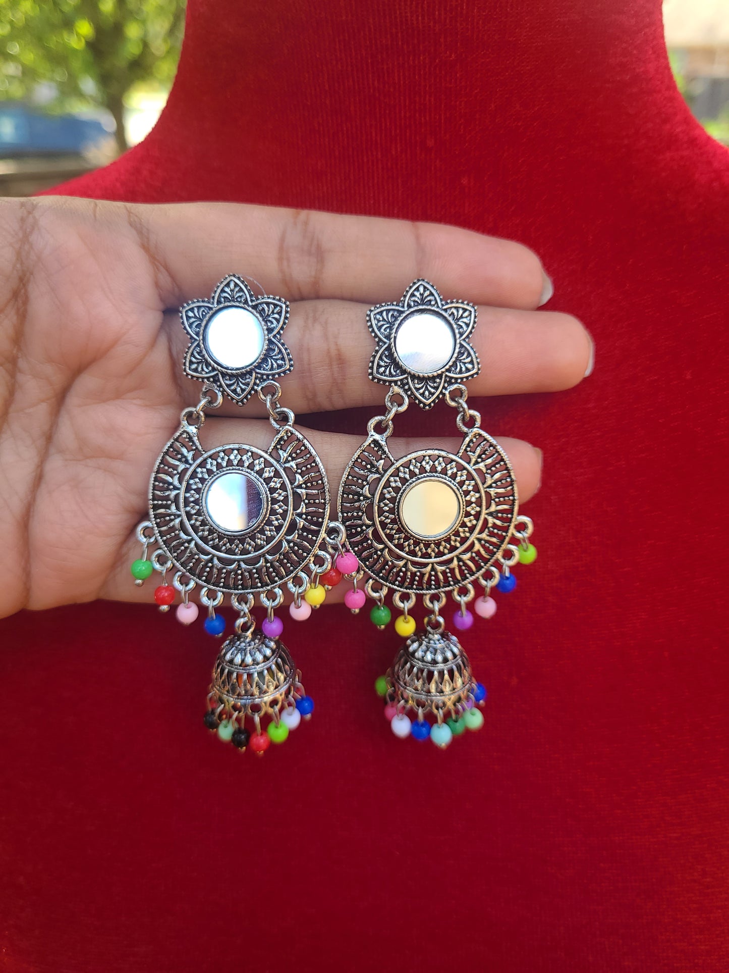 Mirror silver tone jhumkas