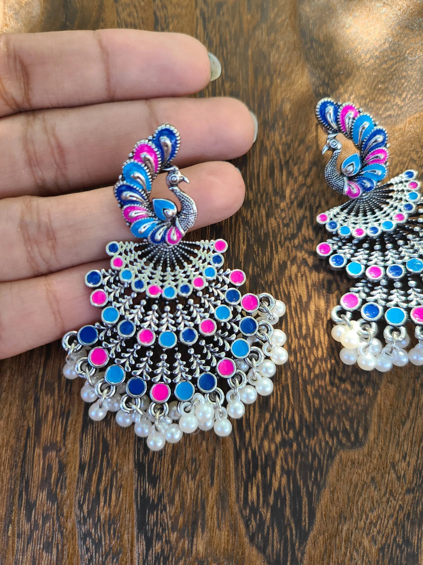 Layered peacock enamel painted earrings