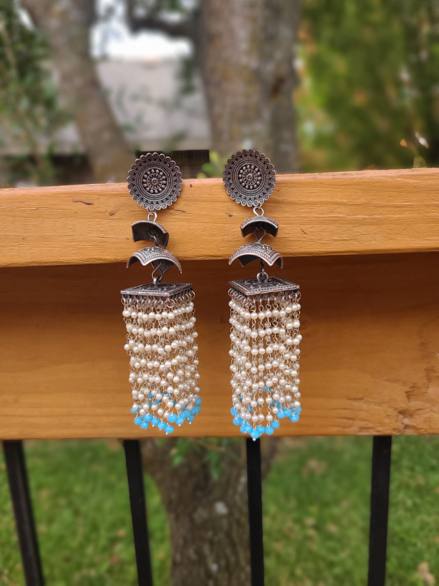 Long pearl jhumka earrings