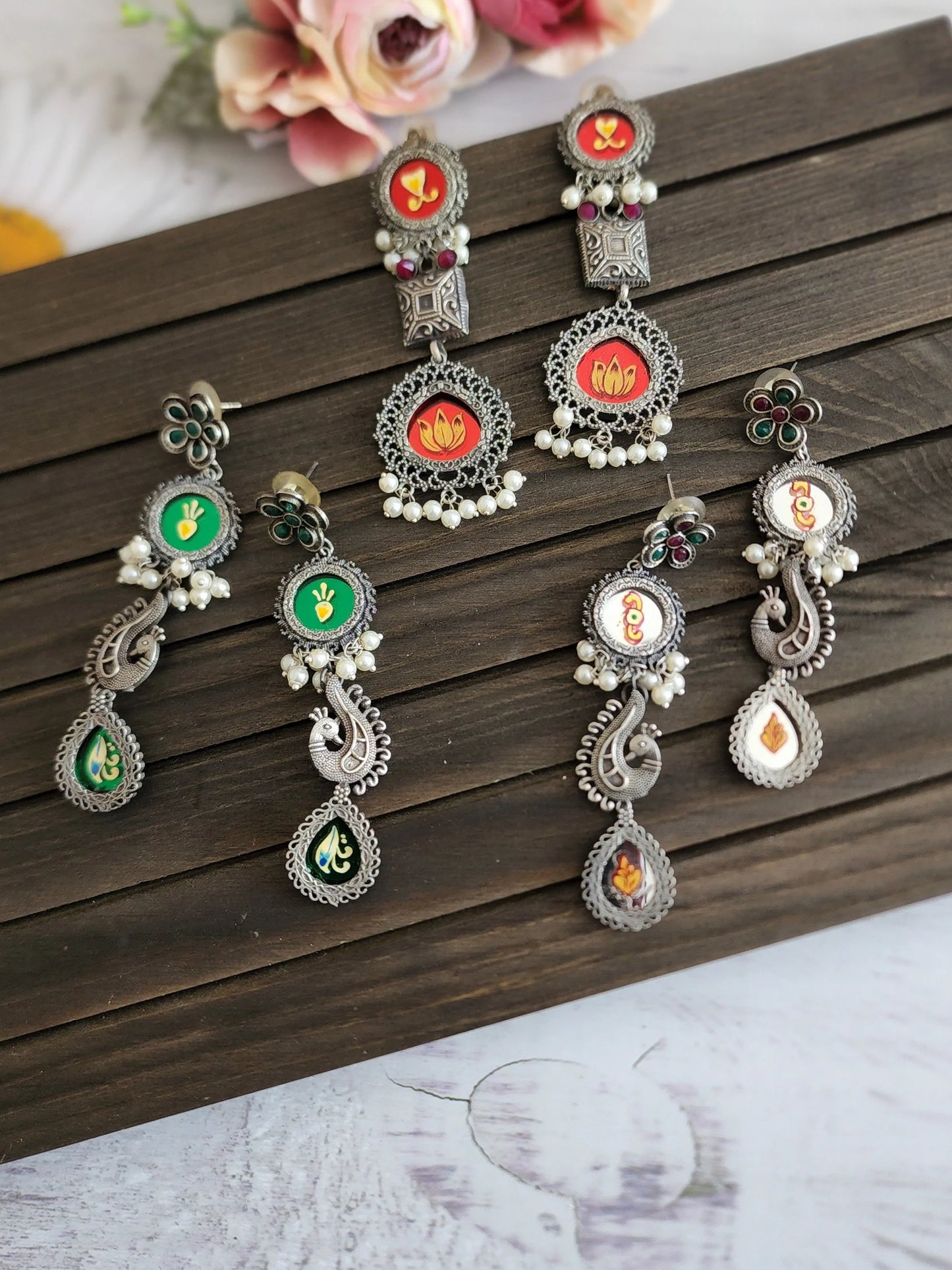 Long mirror handpainted jhumka earrings