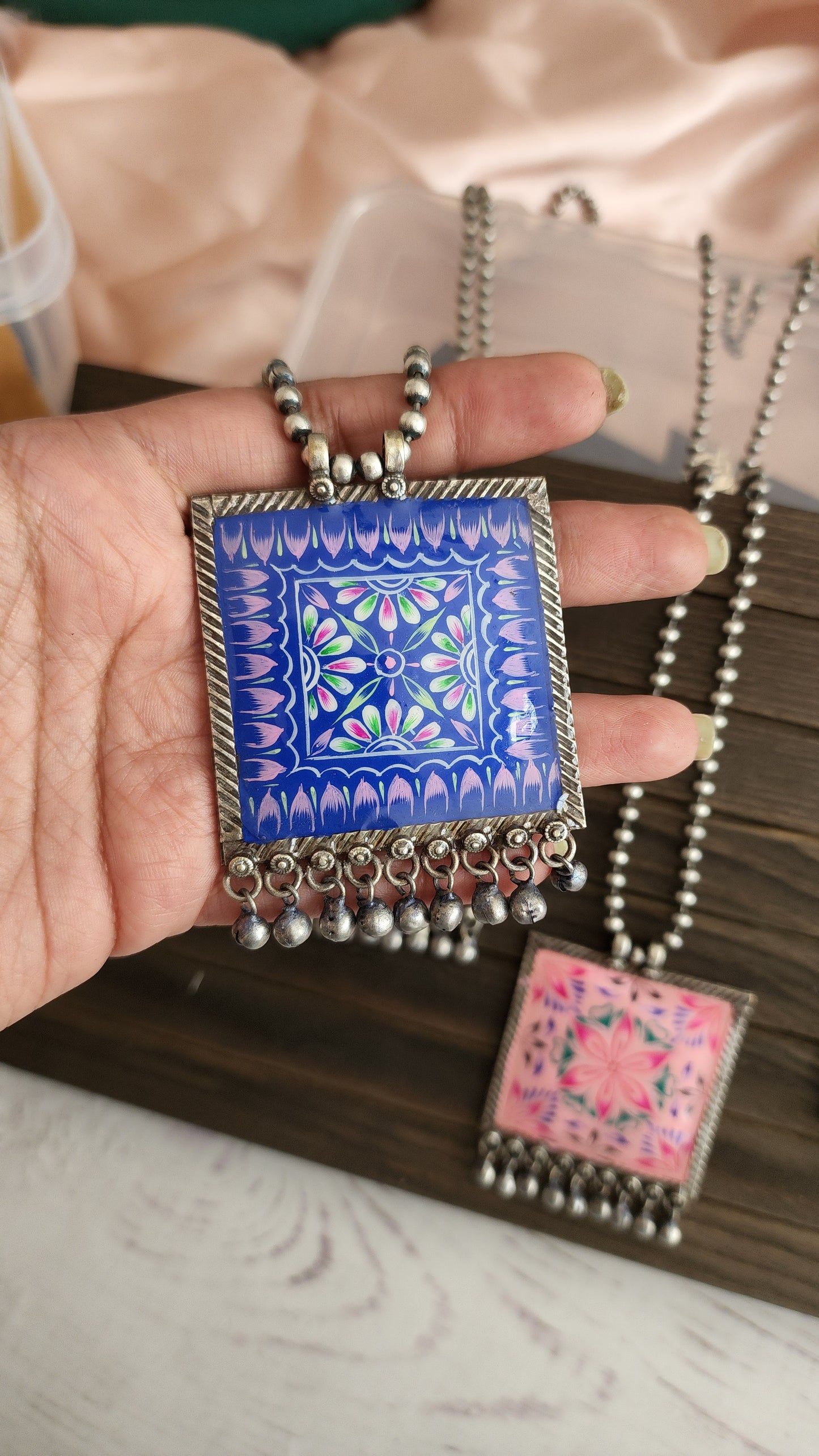 Handpainted silver alike pendant necklace