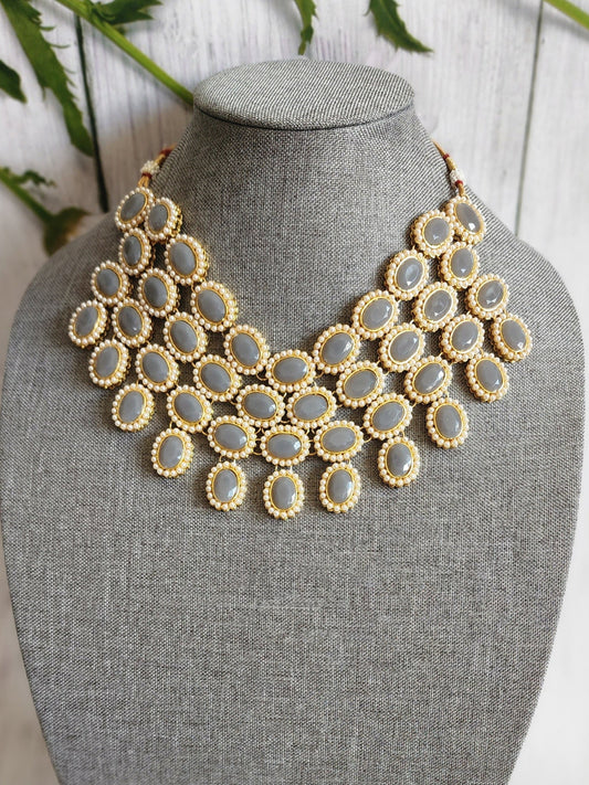 Grey Beaded statement necklace set