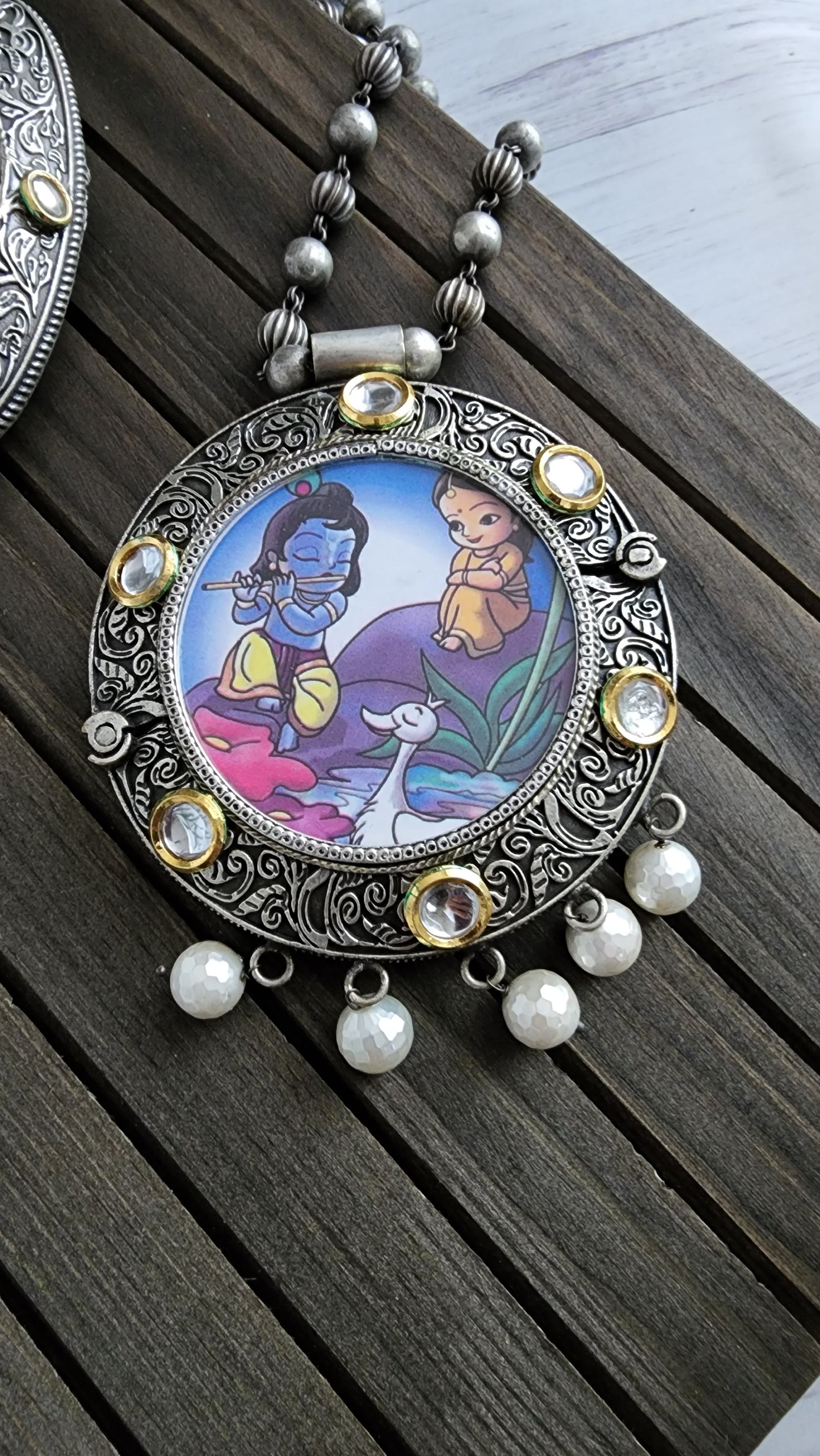 Krishna Handpainted fusion pendant necklace set