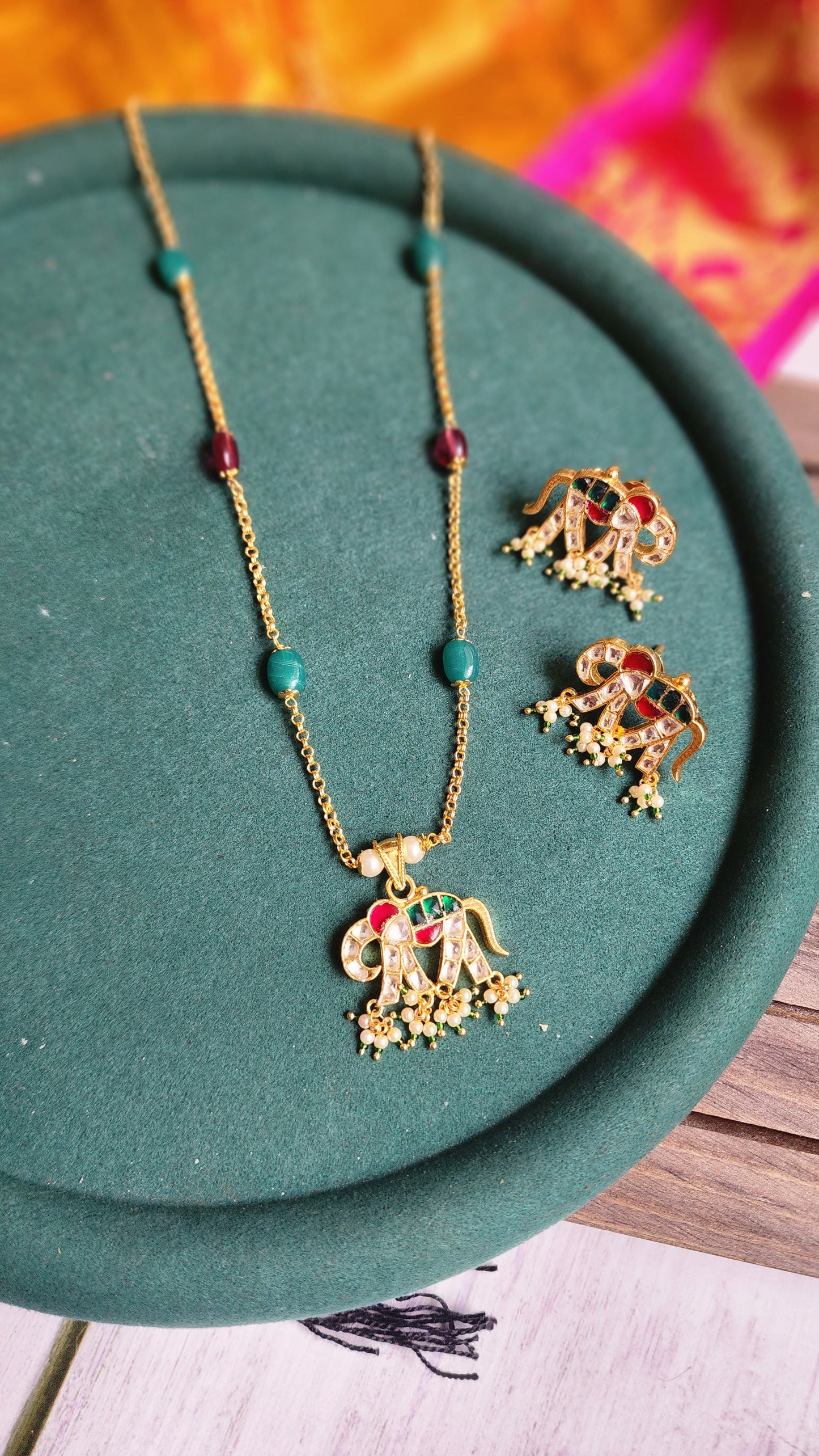 Elephant pachi kundan necklace set