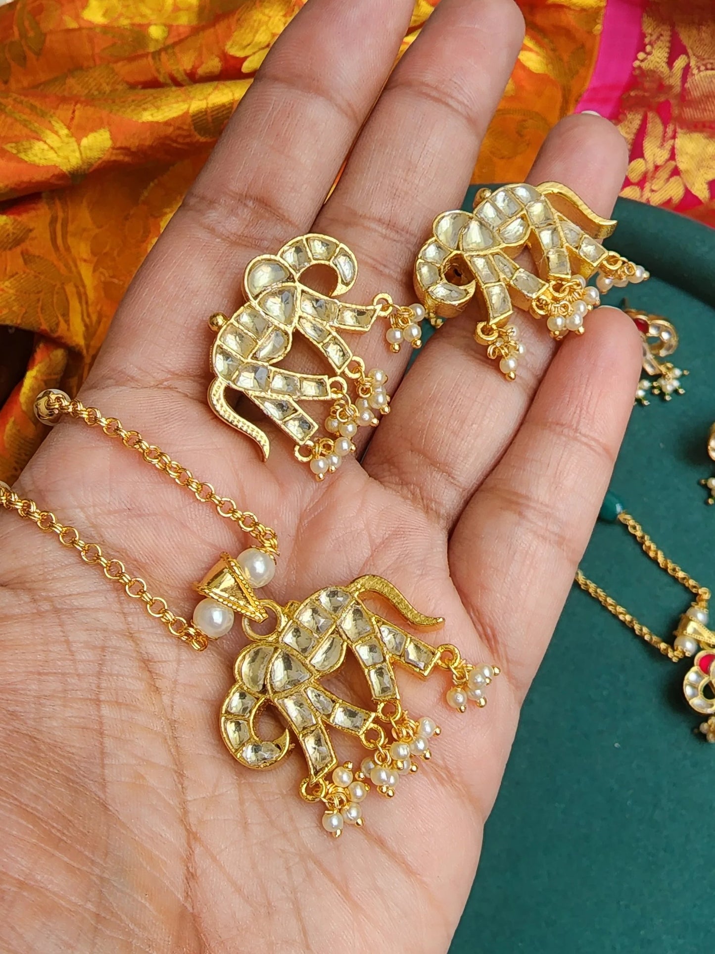 Elephant pachi kundan necklace set