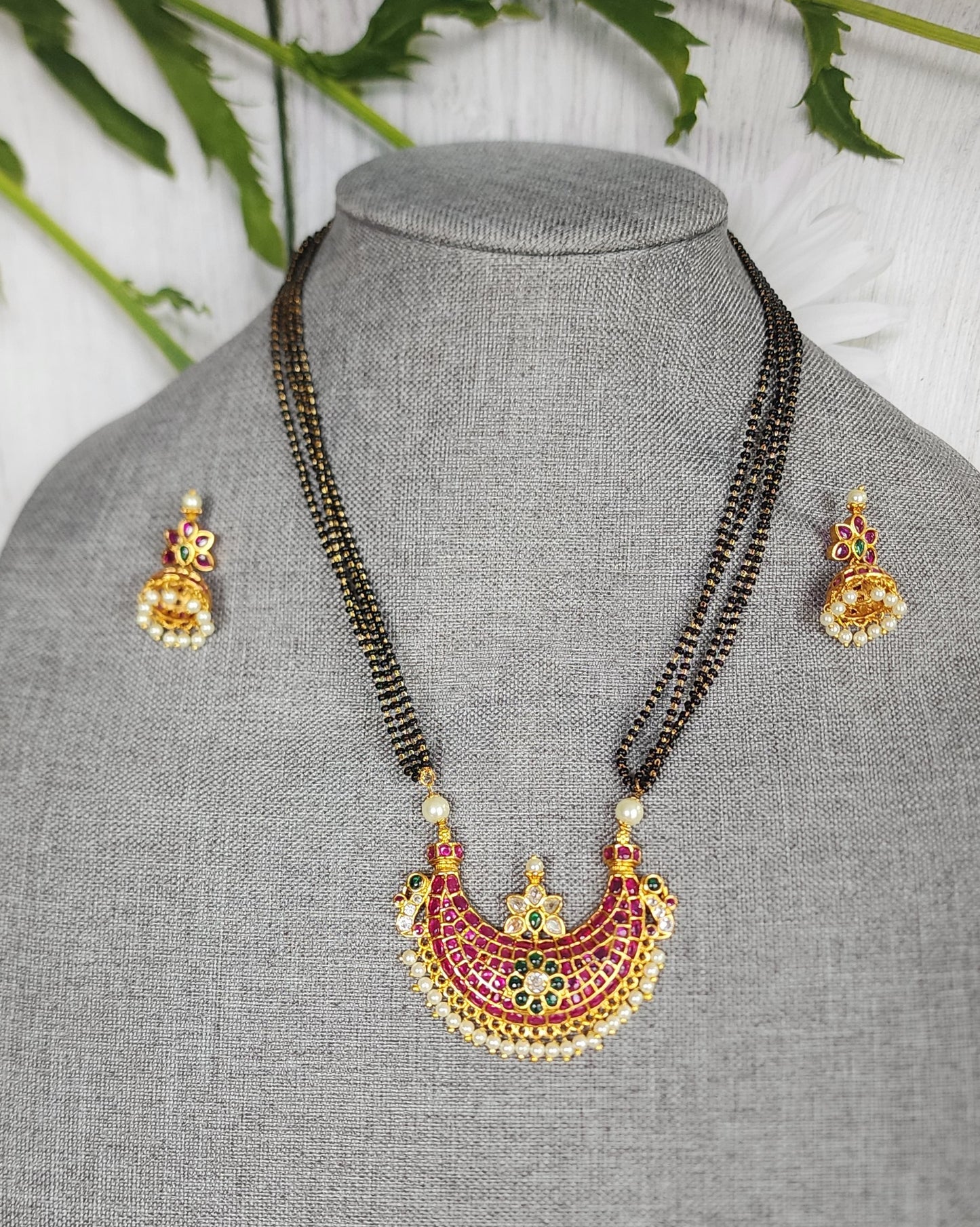 Bhavani Gold plated black bead necklace set