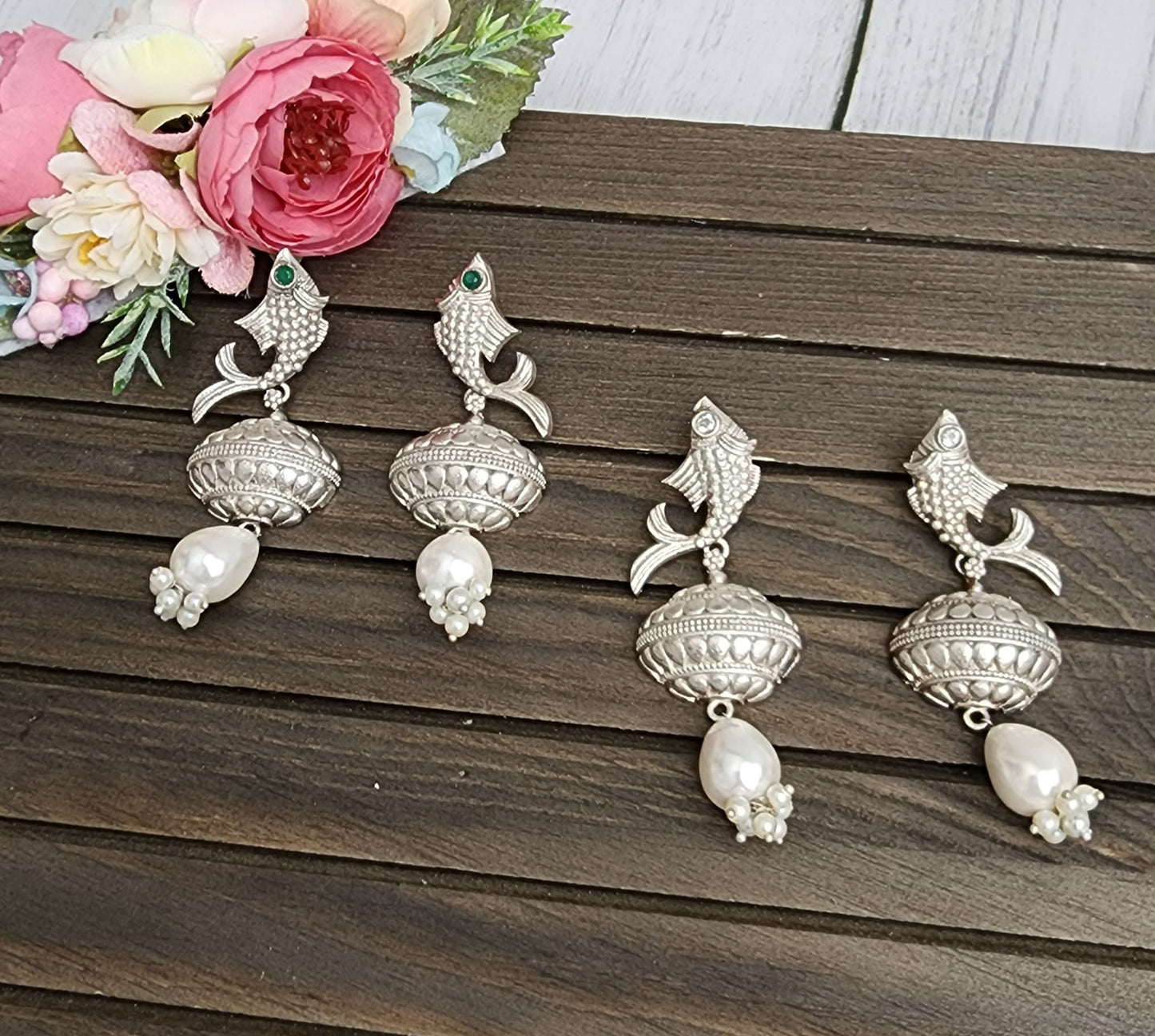 Fish silver alike jhumka earrings