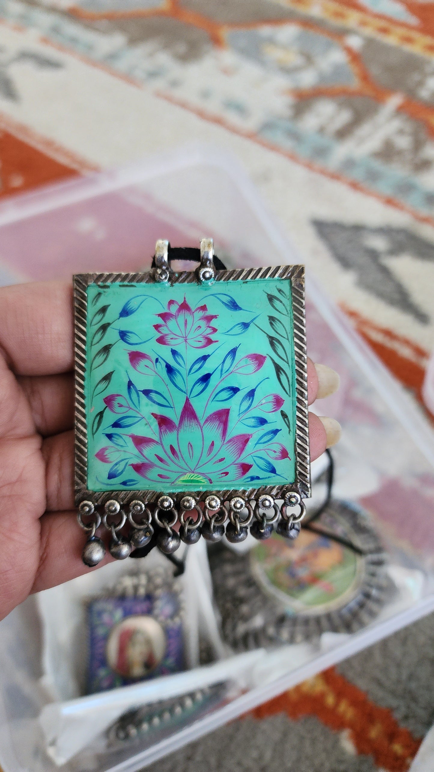 Handpainted silver alike pendant necklace