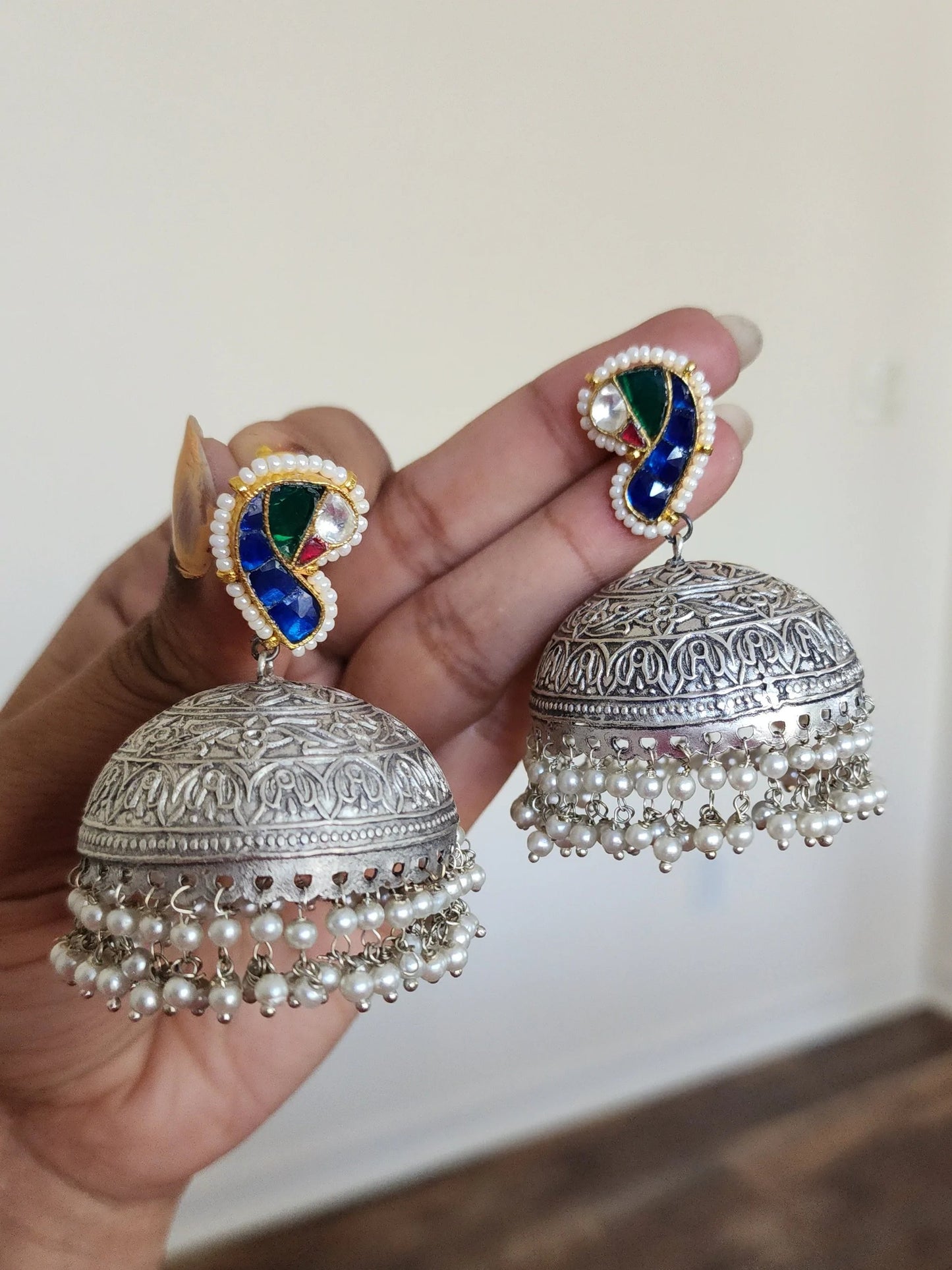 925 silver polish fusion jhumka earrings