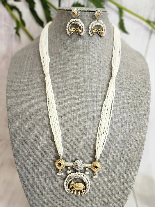 Elephant dualtone long pearl necklace set