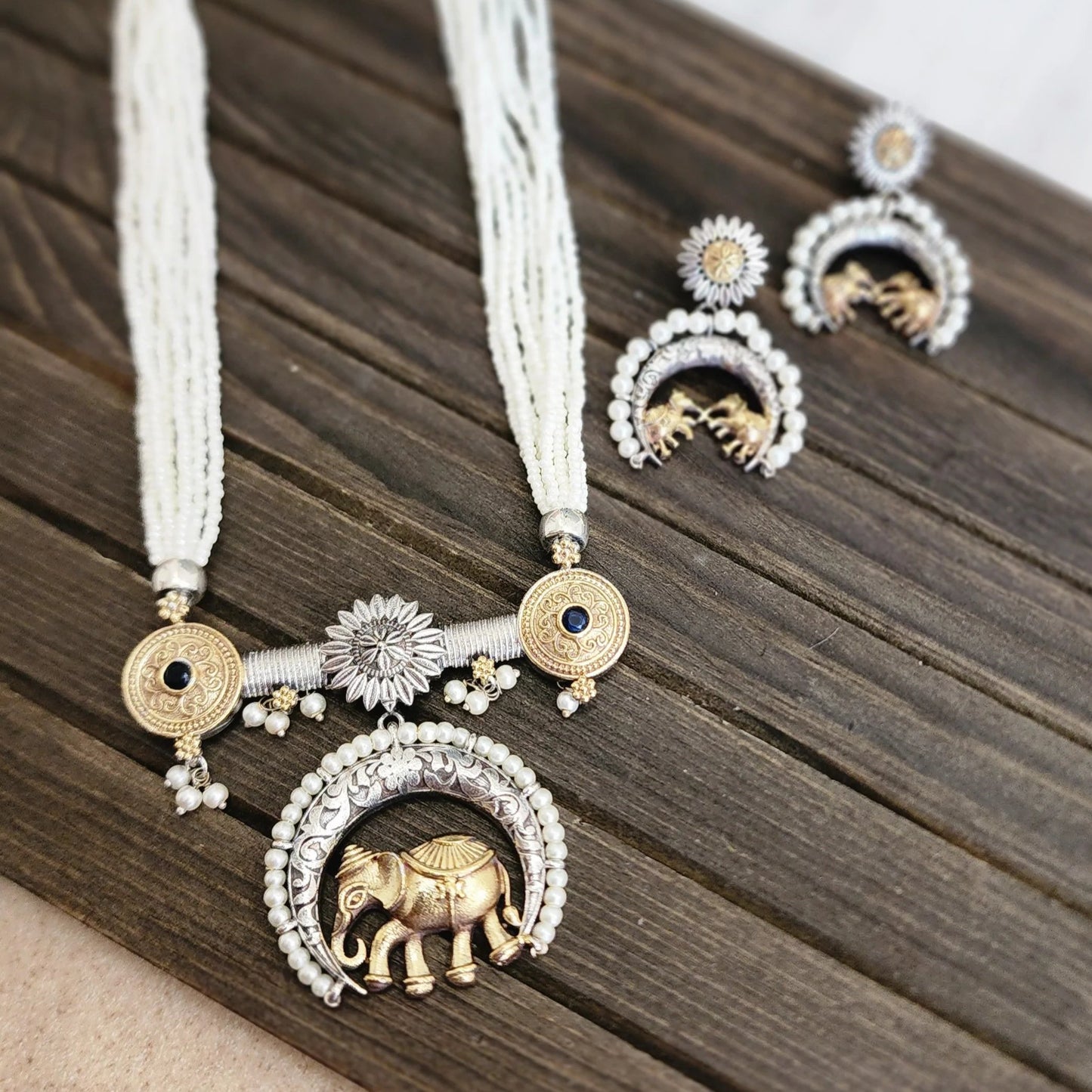 Elephant dualtone long pearl necklace set