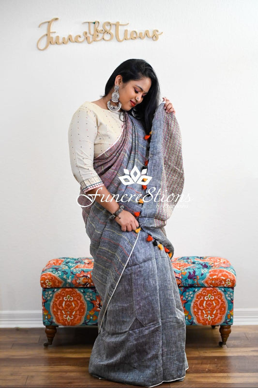 Handwoven organic pure linen handweived Saree with tassels pallu saree plain saree