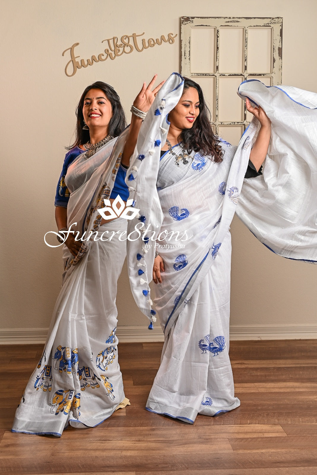 Pure Linen White saree with Zari border and embroidered Peacocks saree