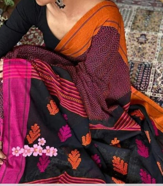 Hand embroidered mulmul cotton with jamdani border saree