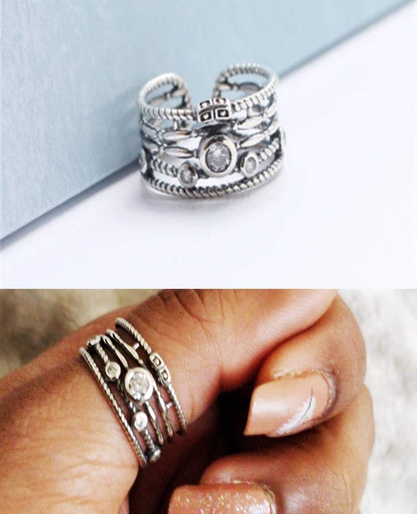 925 silver multi-layer adjustable ring